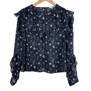 Bleuh Ciel Women's Blouse Blue Floral Ruffled Sheer Long Sleeves Romantic Size S